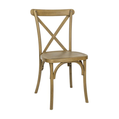 Resin cross back indoor-outdoor chair in chestnut wood-look finish with lightweight frame