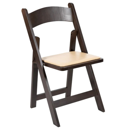Front view of chocolate-brown wood folding chair with padded vinyl seat.