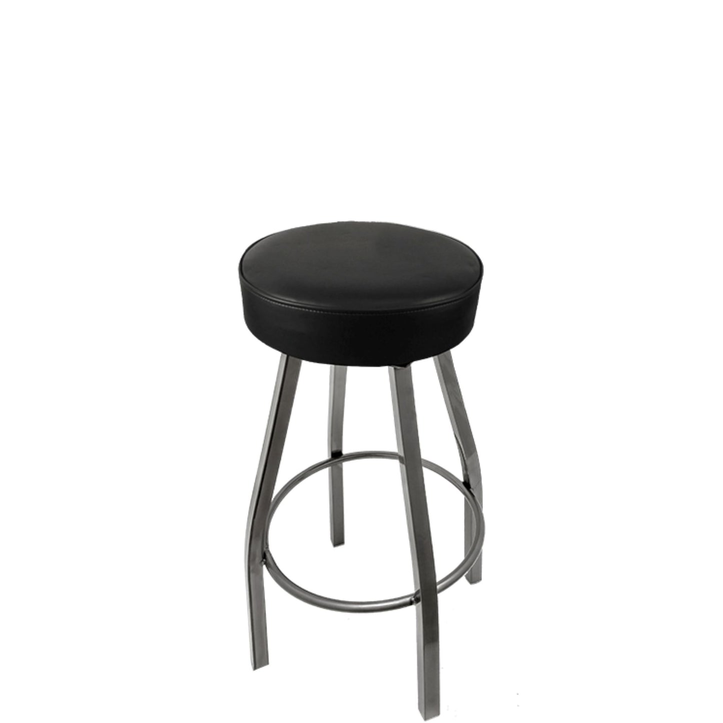 Standard button top barstool with clear coat swivel frame and black vinyl seat