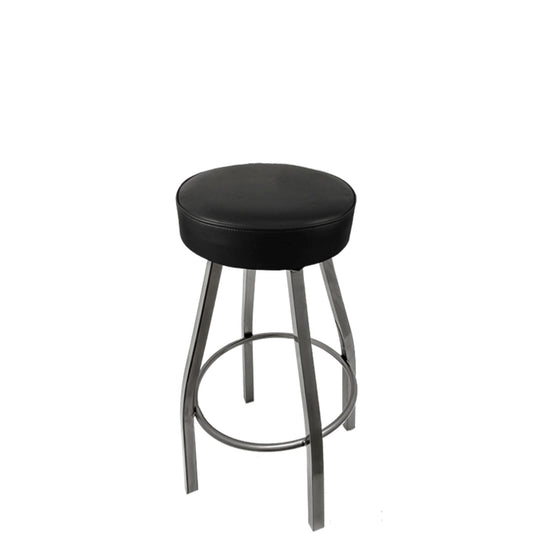 Standard button top barstool with clear coat swivel frame and black vinyl seat
