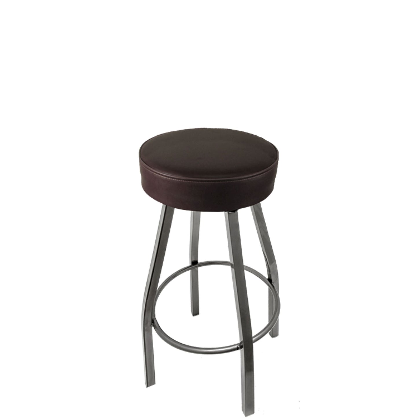 Standard button top barstool with clear coat swivel frame and espresso vinyl seat