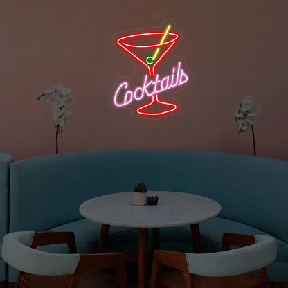 Multicolor Cocktails Glass Neon Sign glowing with vibrant LED hues of pink, blue, yellow, and green, perfect wall light for bars and lounges.