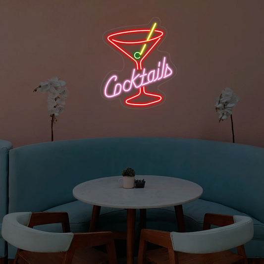 Multicolor Cocktails Glass Neon Sign glowing with vibrant LED hues of pink, blue, yellow, and green, perfect wall light for bars and lounges.