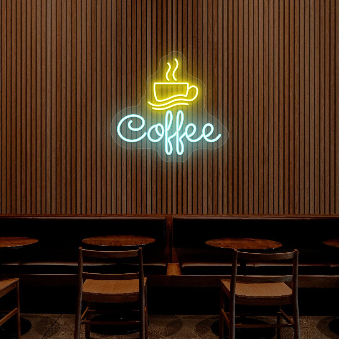 Coffee Cafe Neon Sign in multicolor LED lights mounted on café wall, vibrant coffee shop decor sign for indoor or outdoor display.