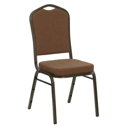 Crown back banquet chair with coffee brown fabric upholstery and a gold frame