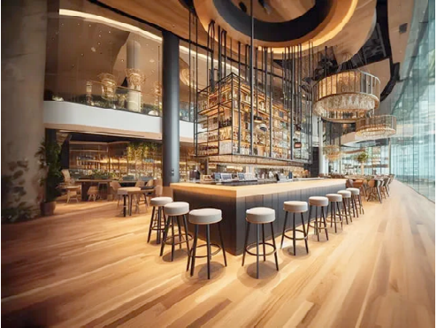 Modern bar with wooden floor and high stools in a stylish interior setting