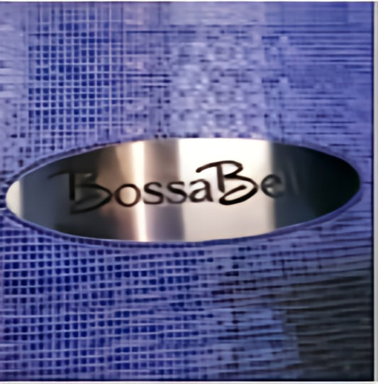 Close-up of a metallic ring with 'Bossa Bell' branding on a blue textured background