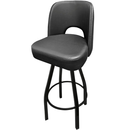 Cutout back bucket barstool with black swivel frame and black upholstered seat