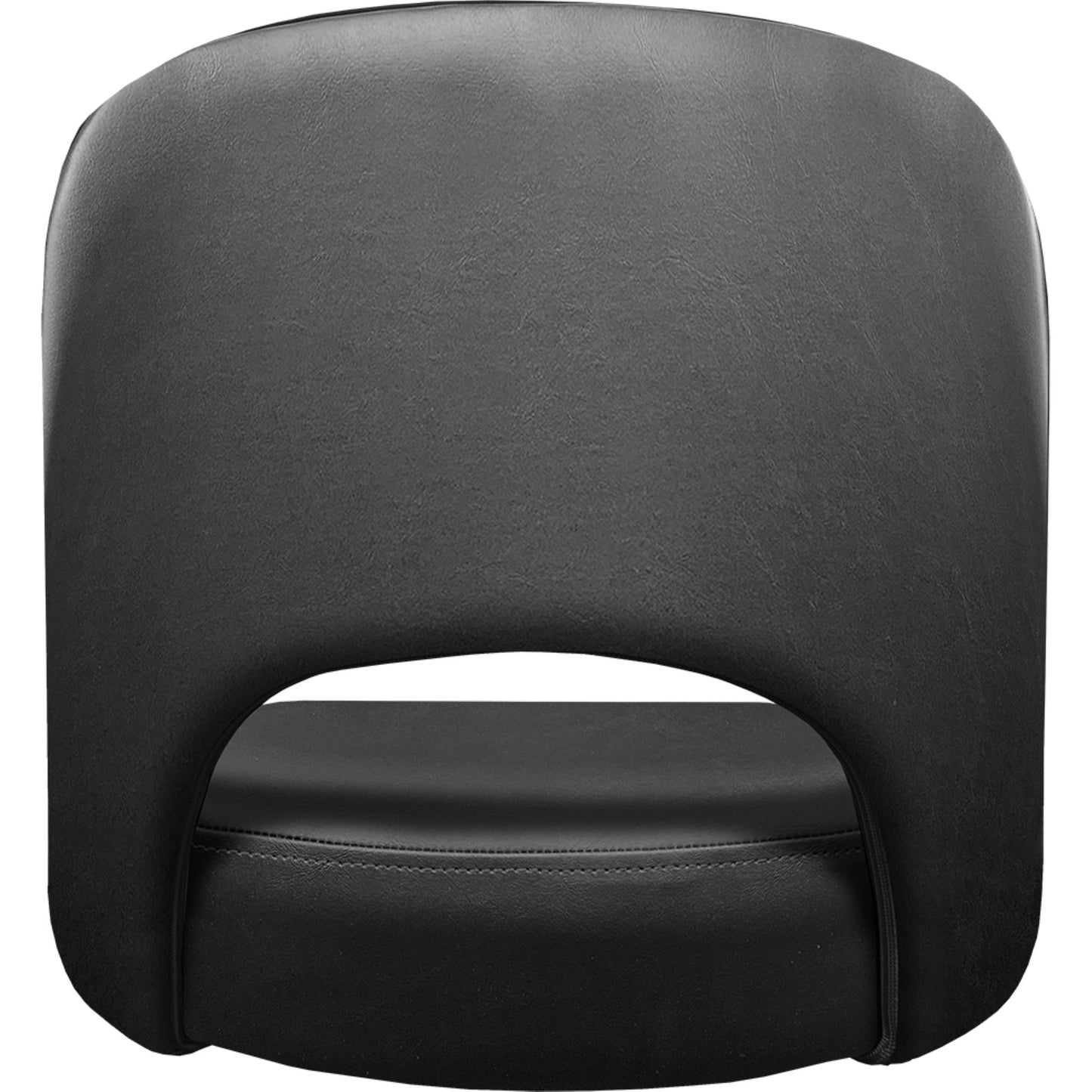 Cutout back bucket barstool with black swivel frame and black upholstered seat rear view