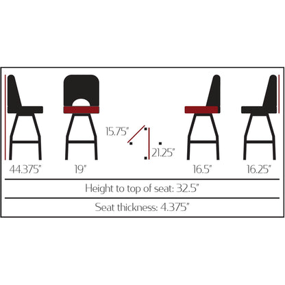 Measurement chart of a bar stool with dimensions labeled