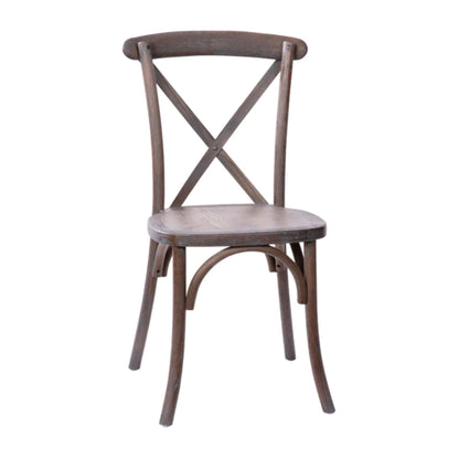 Elm wood X-Back dining chair in dark driftwood finish with weathered wood look.