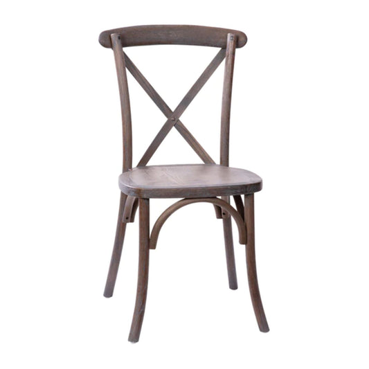 Elm wood X-Back dining chair in dark driftwood finish with weathered wood look.