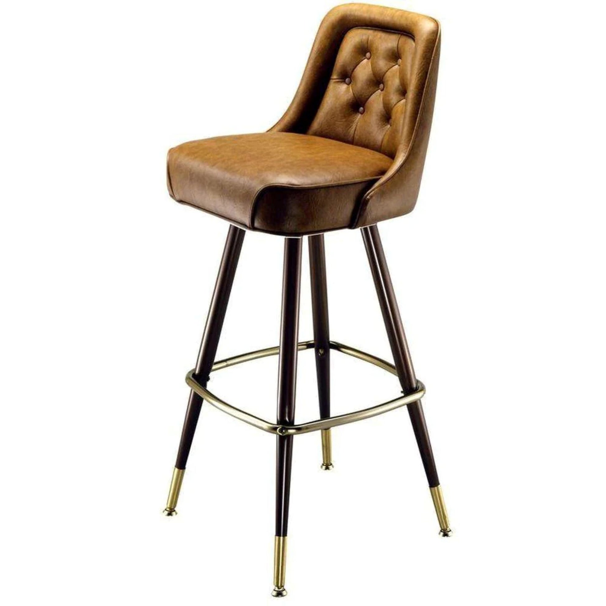Inner Diamond bar stool with upholstered diamond-tufted seat and metal legs with swivel base