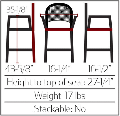 dimensions for Matte black outdoor barstool with diamond mesh pattern and wide-stance pressed steel frame