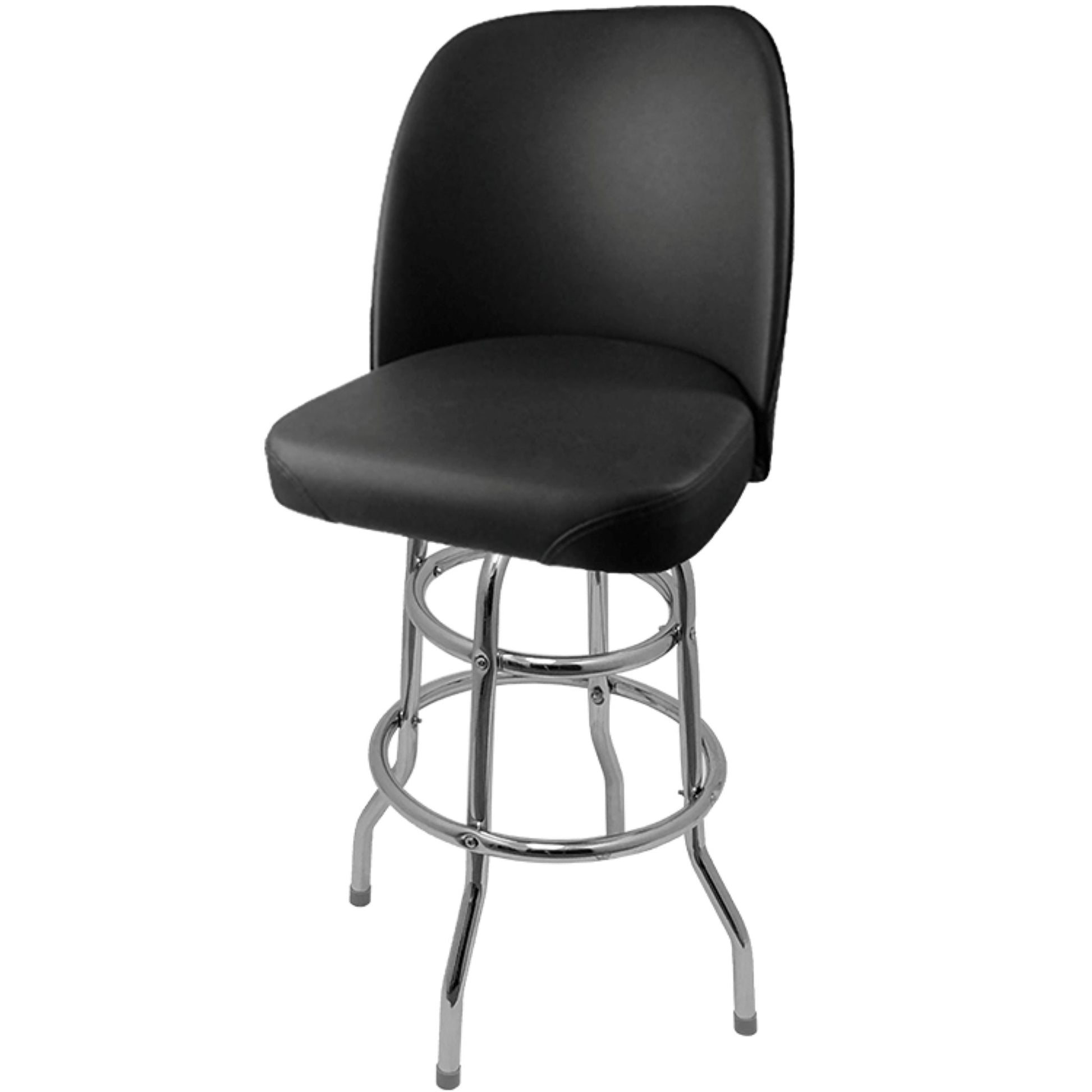 Standard bucket barstool with double rung chrome swivel frame and black vinyl seat