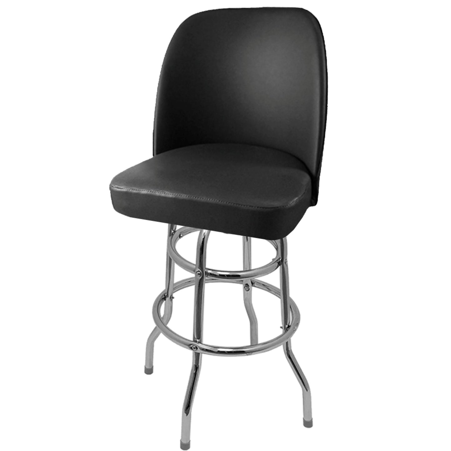 Standard bucket barstool with double rung chrome swivel frame and non-waterfall black vinyl seat