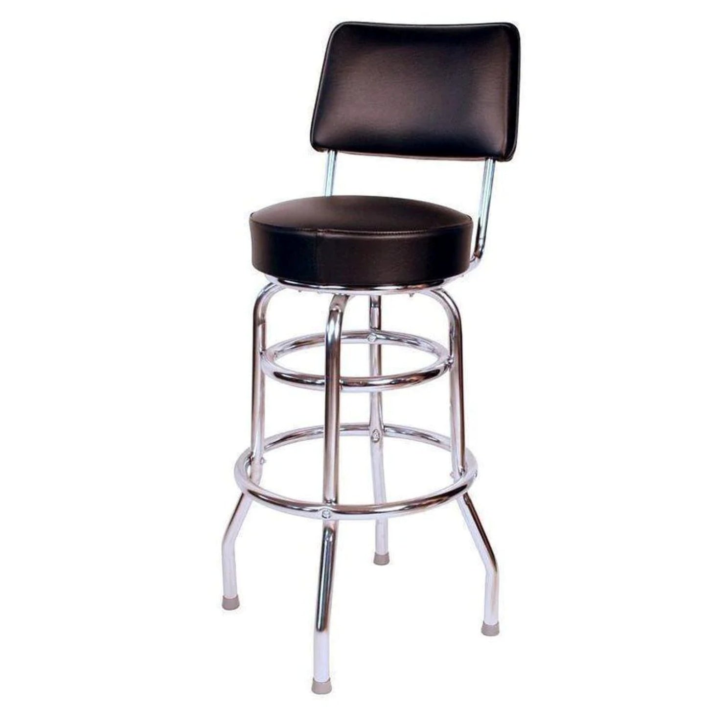 Black vinyl retro bar stool with padded seat, swivel base, and double-ring design