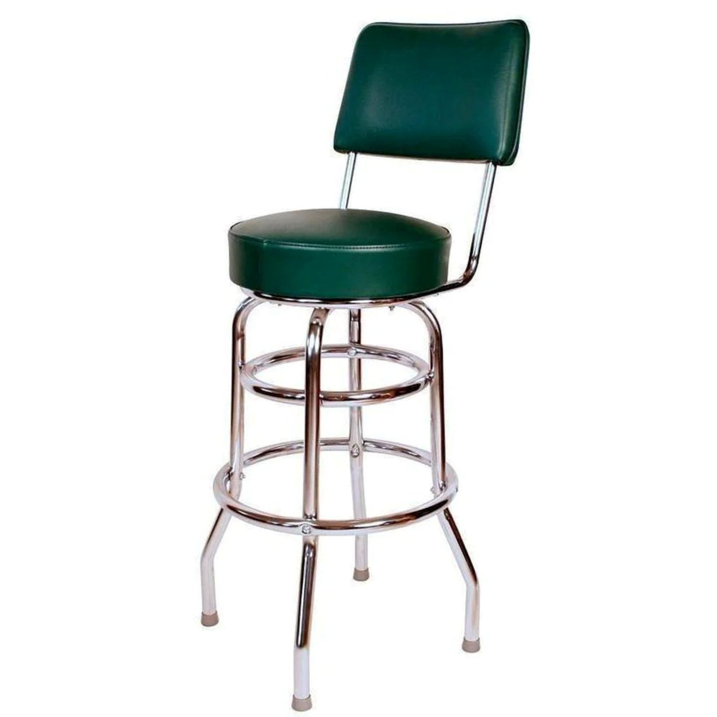 Vintage green vinyl bar stool with padded seat, back support, and metal frame