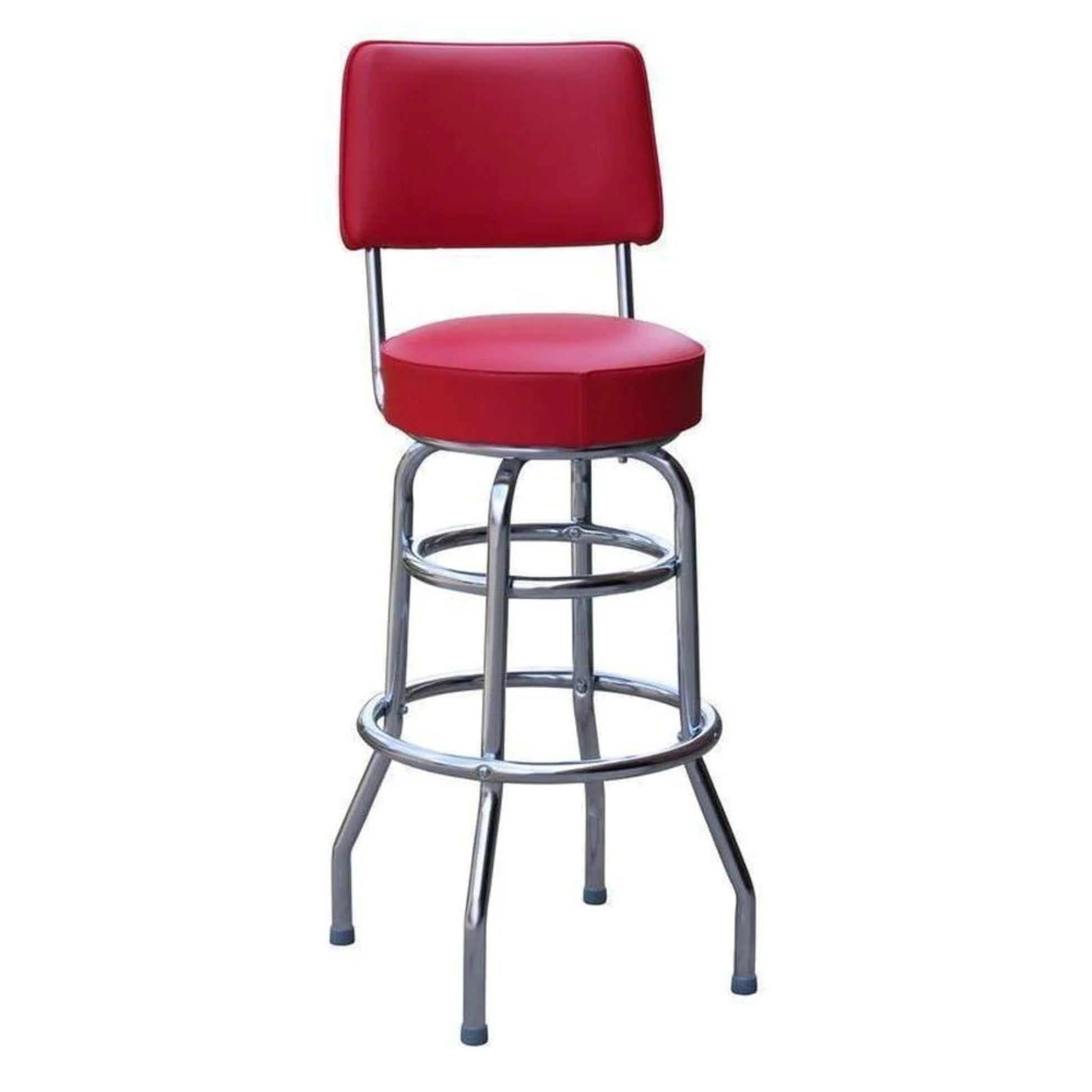 Classic red vinyl bar stool with padded seat, supportive back, and chrome rings