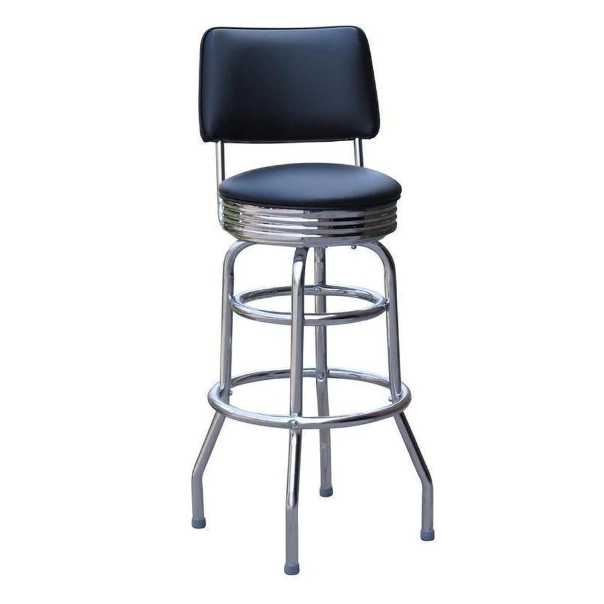 Retro swivel bar stool with chrome pan seat, backrest, and double-ring metal frame