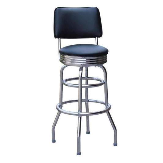 Retro swivel bar stool with chrome pan seat, backrest, and double-ring metal frame