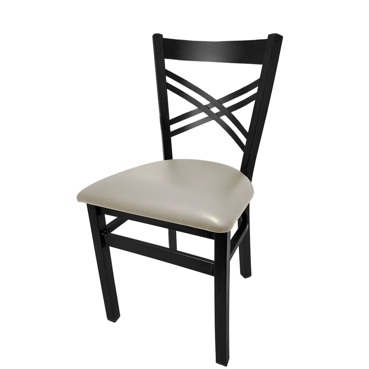 Crossback steel dining chair with black powder-coat frame and dove gray vinyl seat.