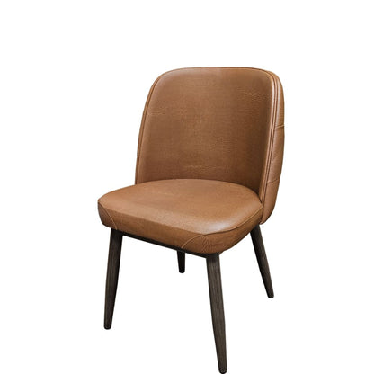 Front view Amata chair with tufted buckskin vinyl bucket seat and faux driftwood woodgrain metal frame.
