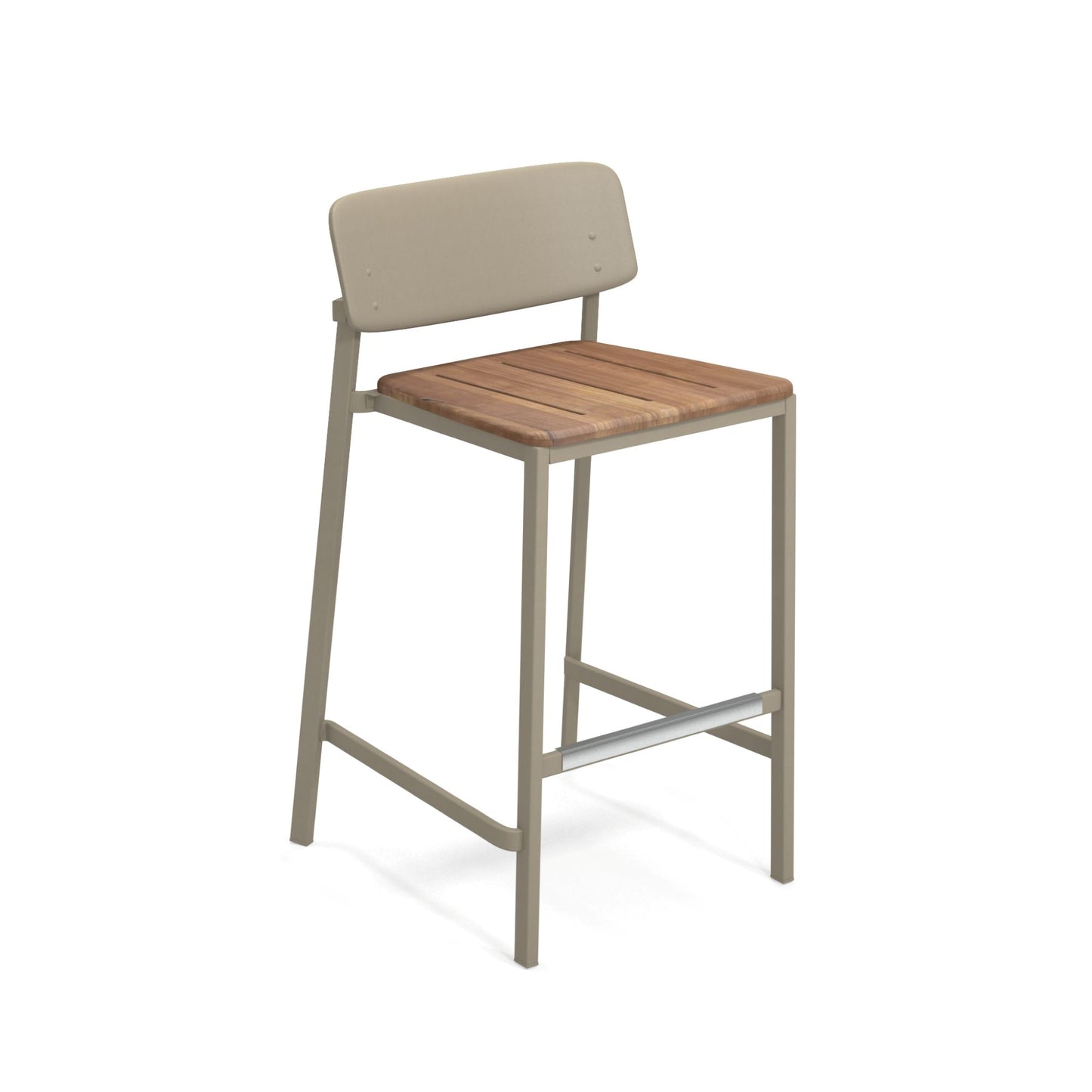 Taupe Emu Shine Bar E253T aluminum barstool with teak seat and back