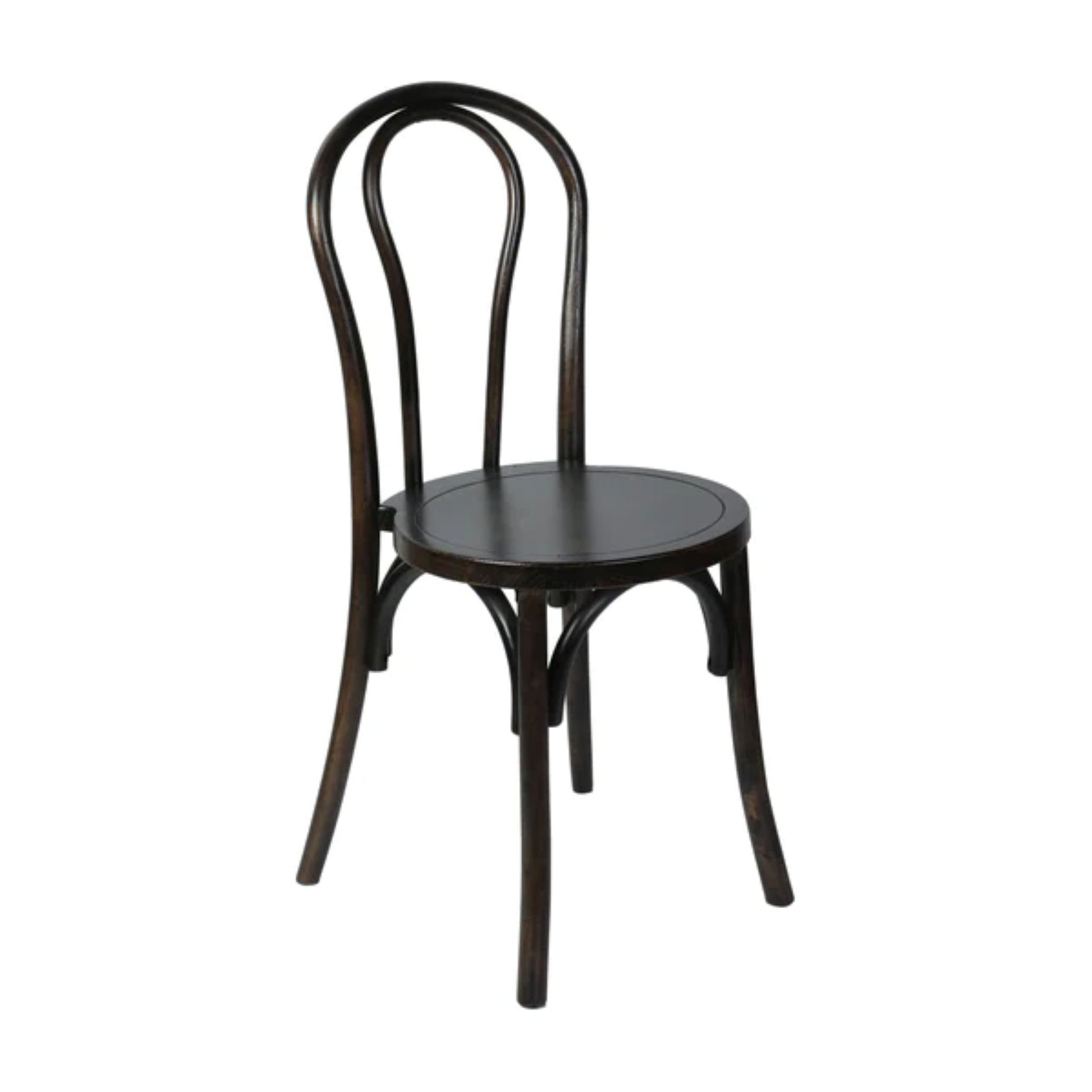 Thonet-style solid wood stackable dining chair in Early American finish with curved back and decorative detailing