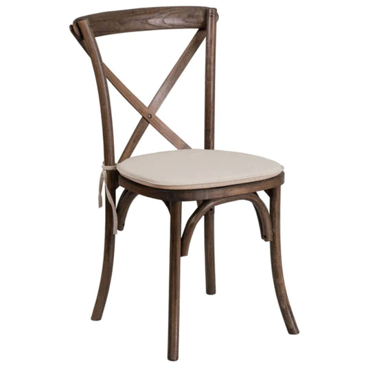 Early American finish wood cross back dining chair with padded cushion and stackable design for events or dining rooms.