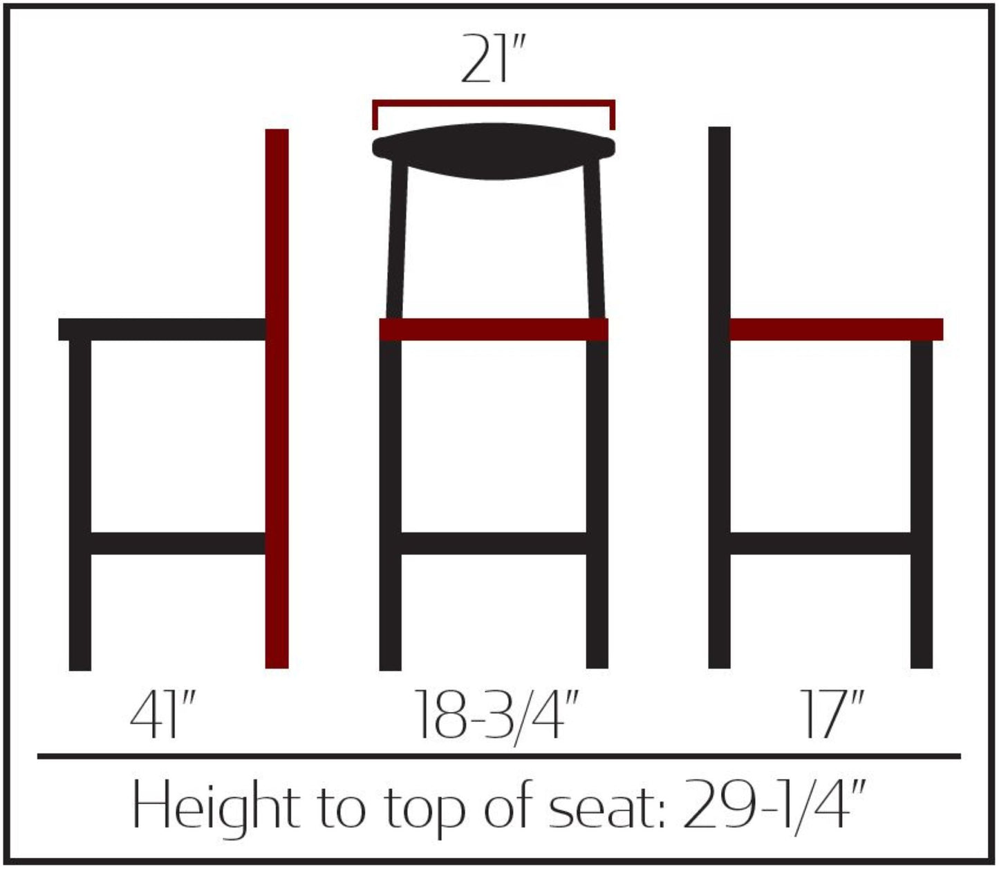 Natural clear coat faux wood grain metal barstool with black vinyl seat and non-marring glides with dimensions
