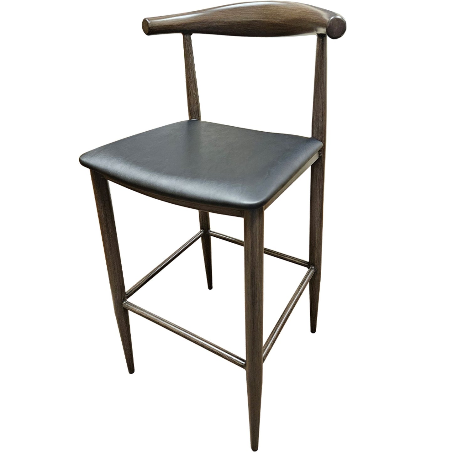 Elbow barstool with faux wood driftwood metal frame and black vinyl seat