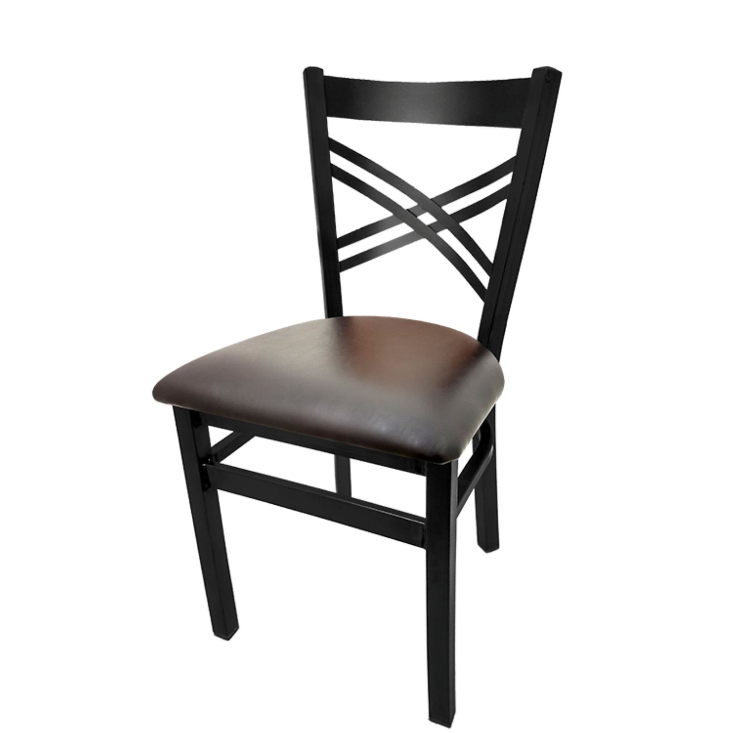 Crossback steel dining chair with black powder-coat frame and espresso vinyl seat.