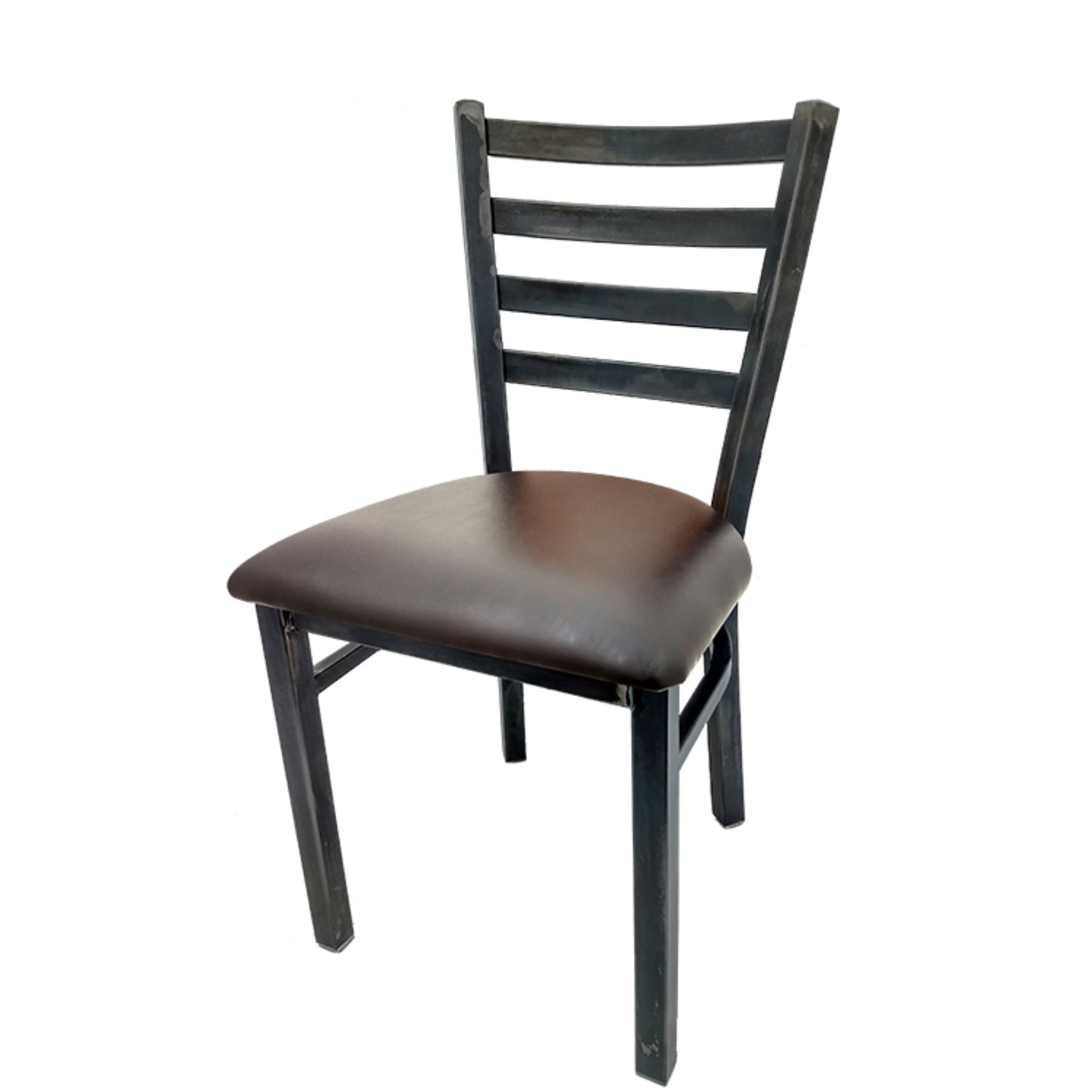Rustic ladderback metal dining chair with clear coat steel frame and espresso vinyl seat.