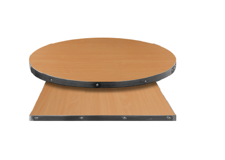 High-pressure laminate restaurant table top with industrial steel edge banding, shown in wood-look laminate finish for commercial dining use.