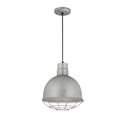 Galvanized industrial pendant light with silver metal finish and wire screen, cone-shaped shade designed for restaurant and bar lighting.