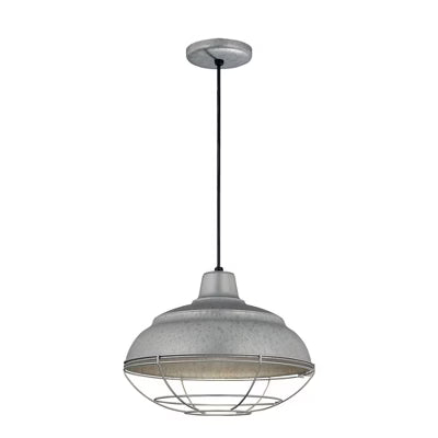Width: 14<br>
Height: 8.25<br>
Wattage: 200<br>
Bulb(s): 1<br>
Glass: N/A<br>
Finish: Galvanized<br>
Other finishes available<br>
Light: $113.00<br>
Wire Guard $49.00