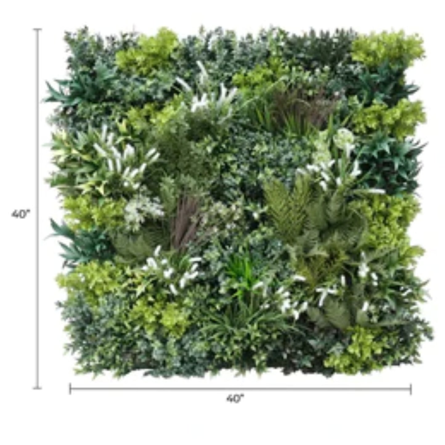 Luxury Garden of Eden artificial green wall panel measuring 40 by 40 inches with dimensions