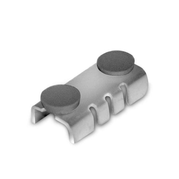 Front view of a satin-finish shelf rest with rubber bumpers designed for use on standard shelf brackets to support glass or wood shelves.