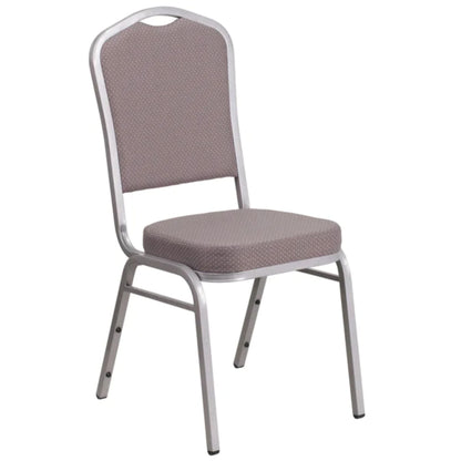 Crown back banquet chair with gray dot patterned upholstery and a silver steel frame