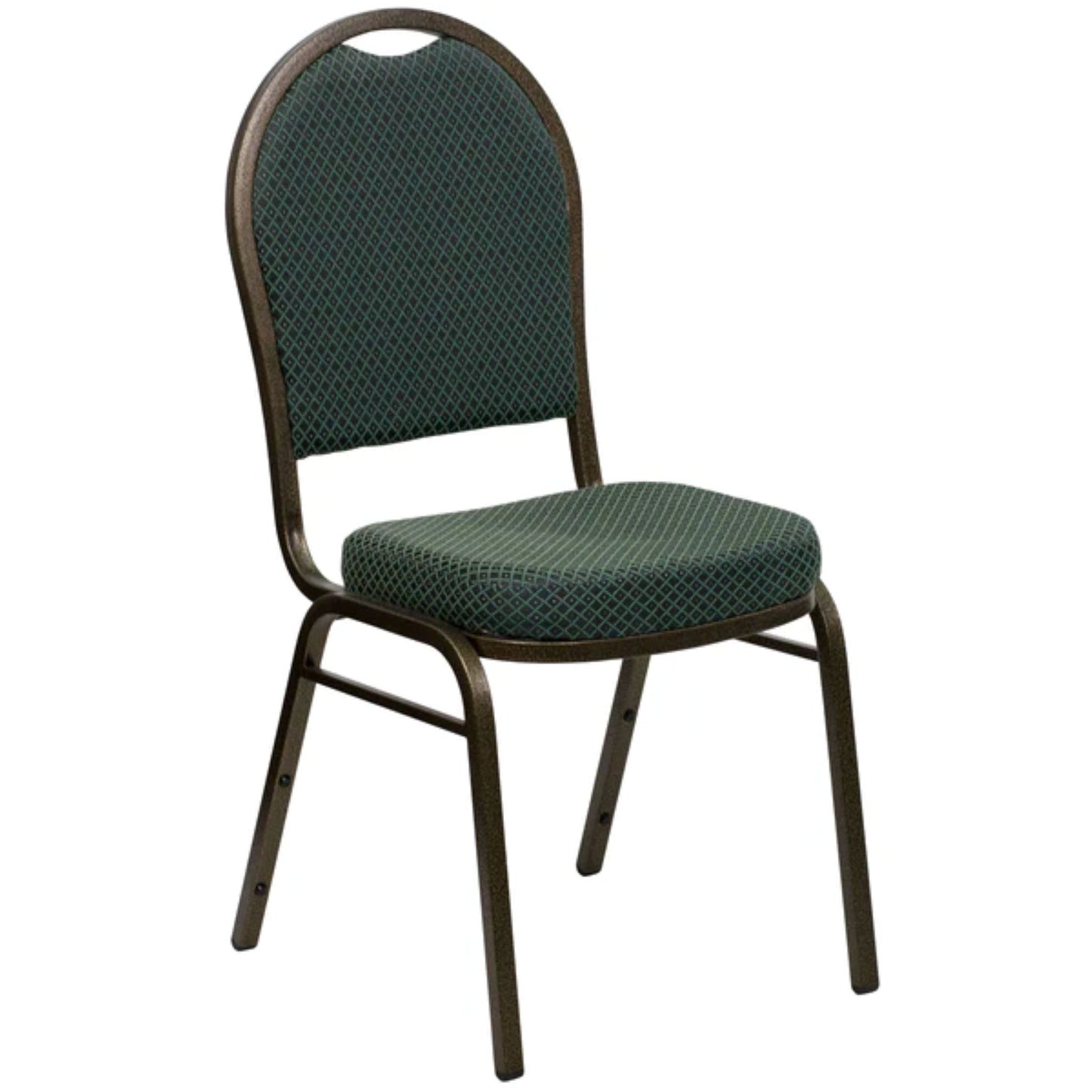 Dome back stacking banquet chair with green patterned fabric and gold steel frame, front view