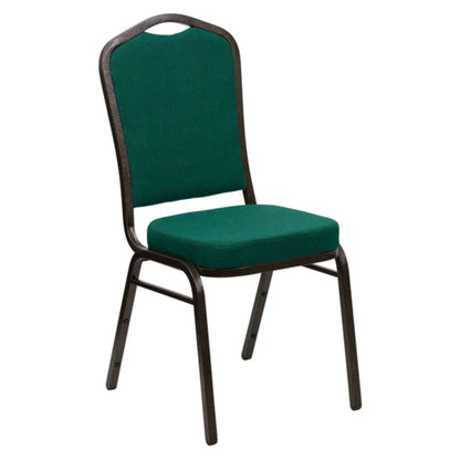 Crown back banquet chair with green fabric upholstery and a gold frame.