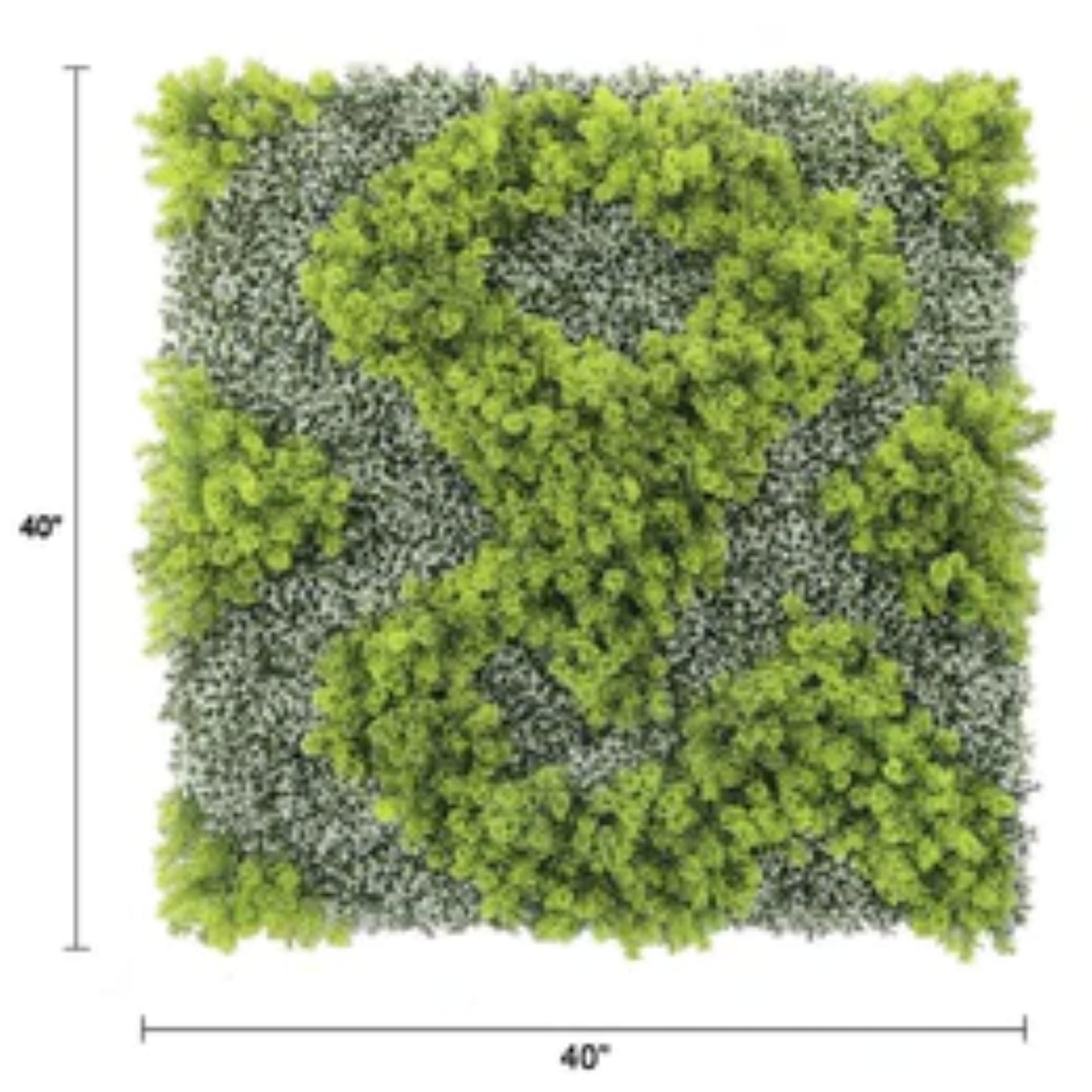 natural green and white artificial moss wall panel measuring 40 by 40 inches with dimensions