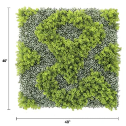 natural green and white artificial moss wall panel measuring 40 by 40 inches with dimensions