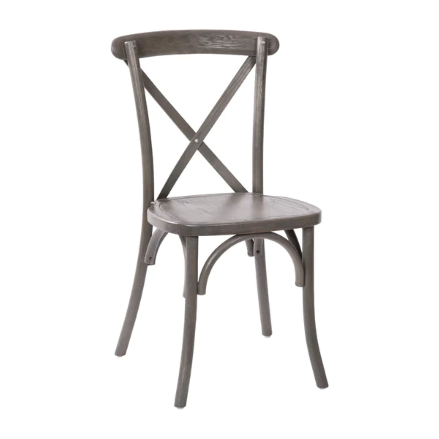 Elm wood X-Back dining chair in dark driftwood finish with weathered wood look.