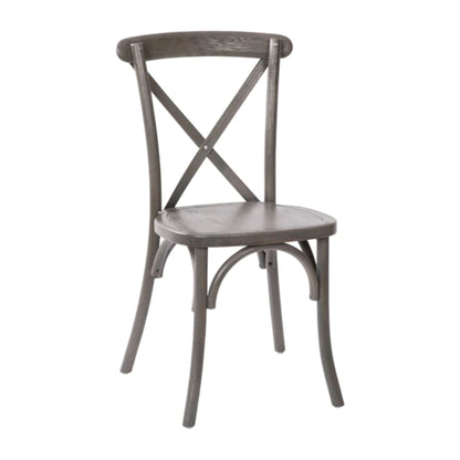 Elm wood X-Back dining chair in dark driftwood finish with weathered wood look.
