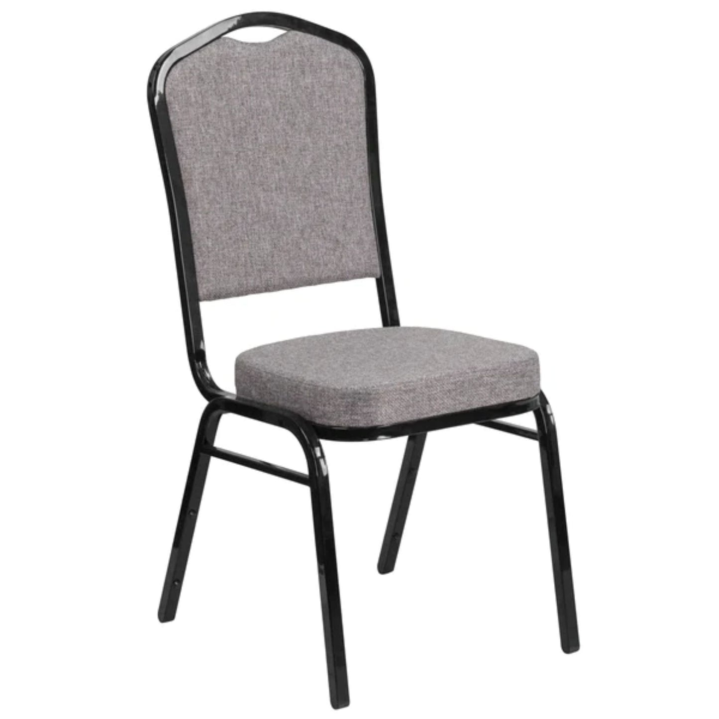 Crown back banquet chair with gray fabric upholstery and a black steel frame.

