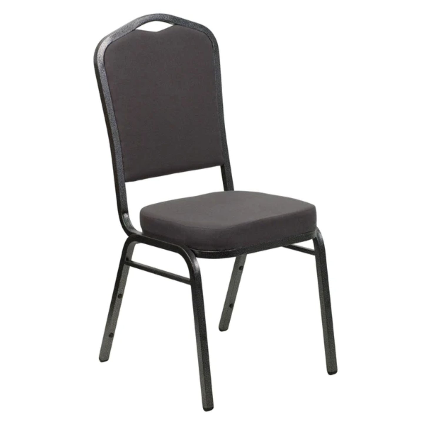 Crown back banquet chair with gray fabric upholstery and a silver steel frame.
