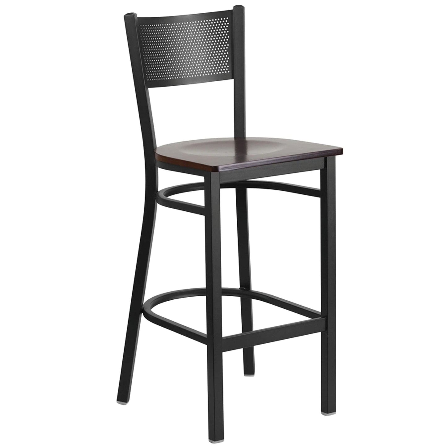 Restaurant grid back barstool with walnut wood seat and black powder-coated frame