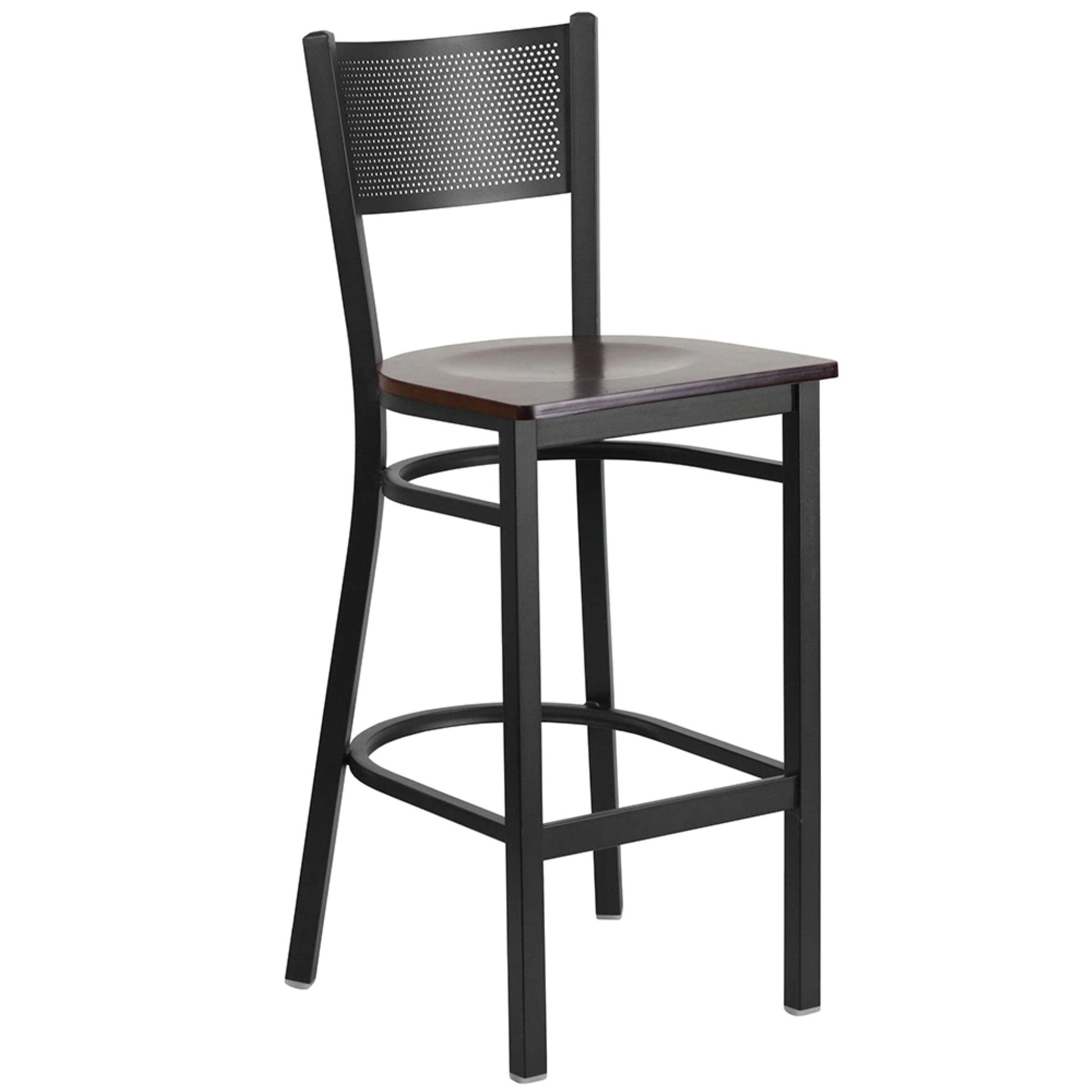 Restaurant grid back barstool with walnut wood seat and black powder-coated frame